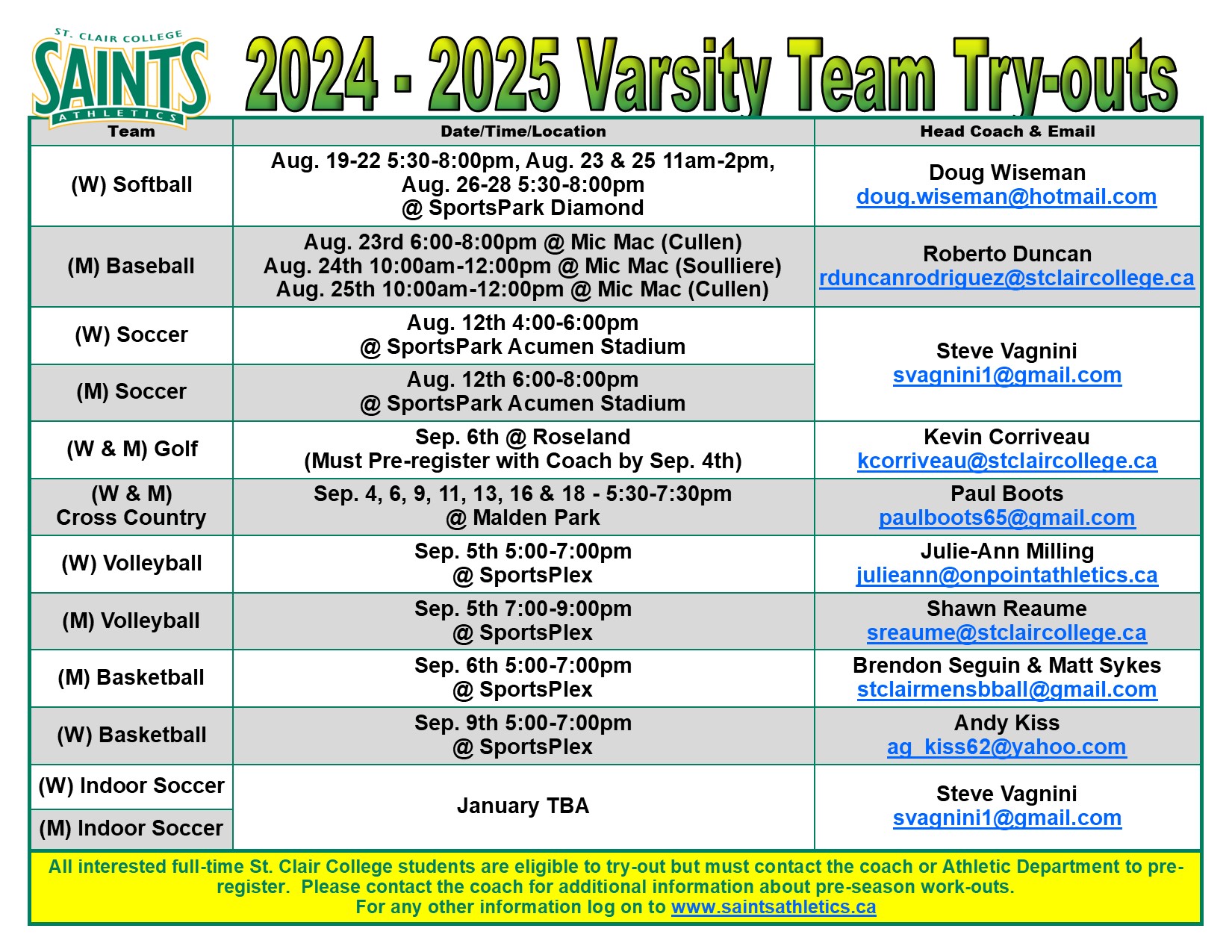 2024-25 St. Clair Varsity Team Tryouts Released
