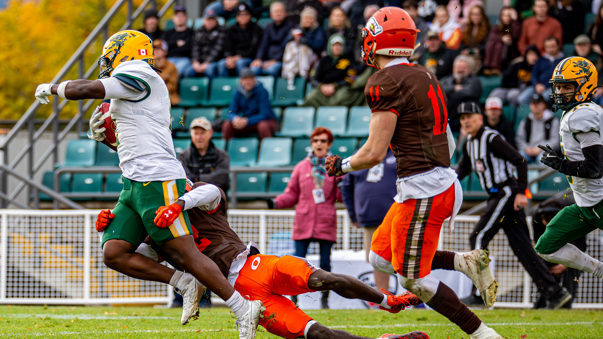 St. Clair Running back MJ Doyle Marshall attempts to break a tackle in the CJFL National Semi-Final in Kelowna, BC on October 25th.  Photo credit to Martyne Vallerand.